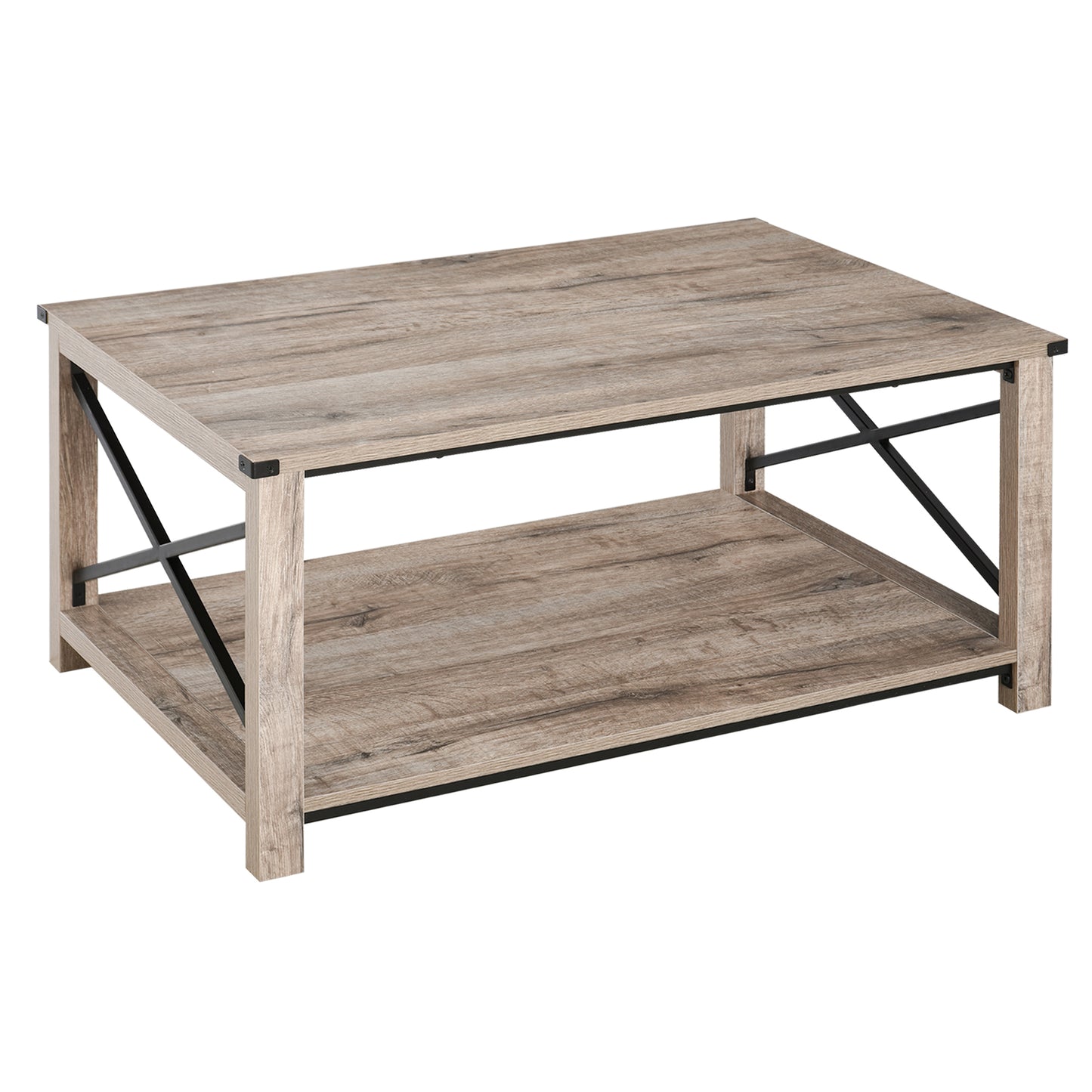Coffee Table with X-Bar Storage Shelf, Oak