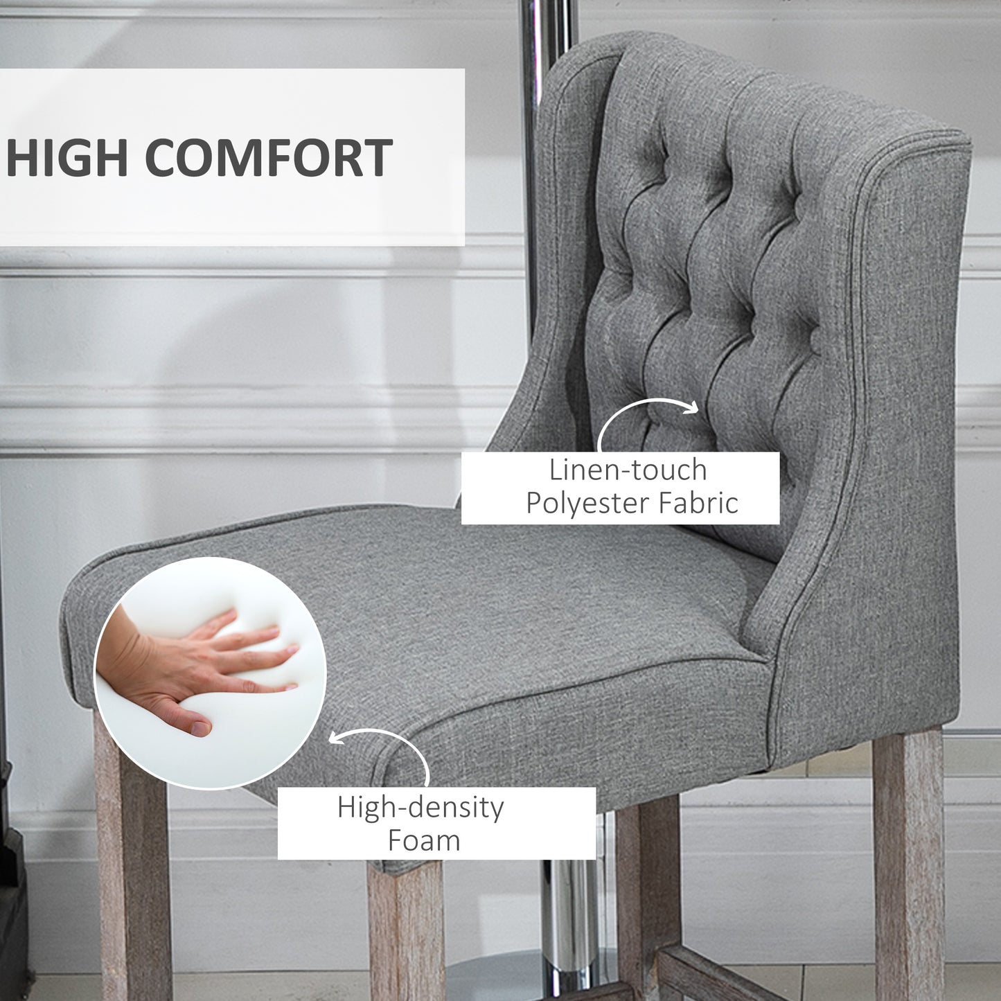 Upholstered Bar Stools with Tufted Nailhead Trim and Wood Legs, Gray (Set of 2)