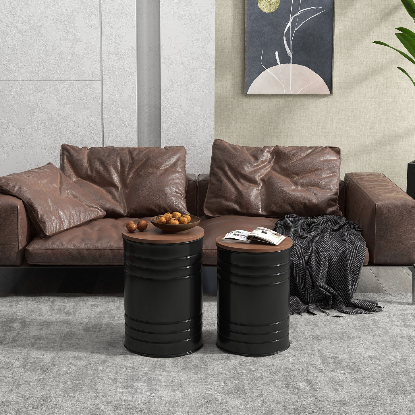 Round Nesting Side Tables with Hidden Storage and Wooden Lids, Black (Set of 2)