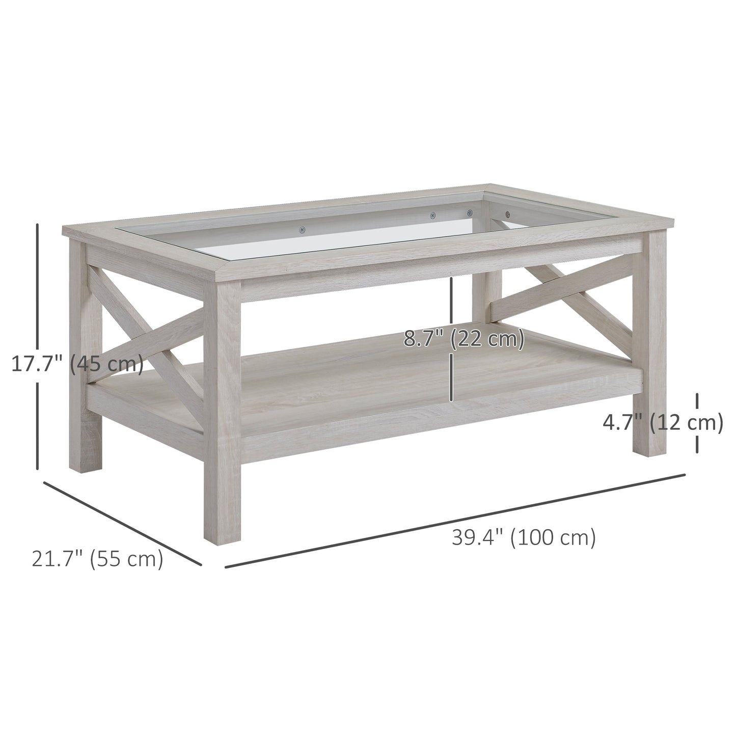 Farmhouse Glass Top Coffee Table with X-Frame Design - White Oak