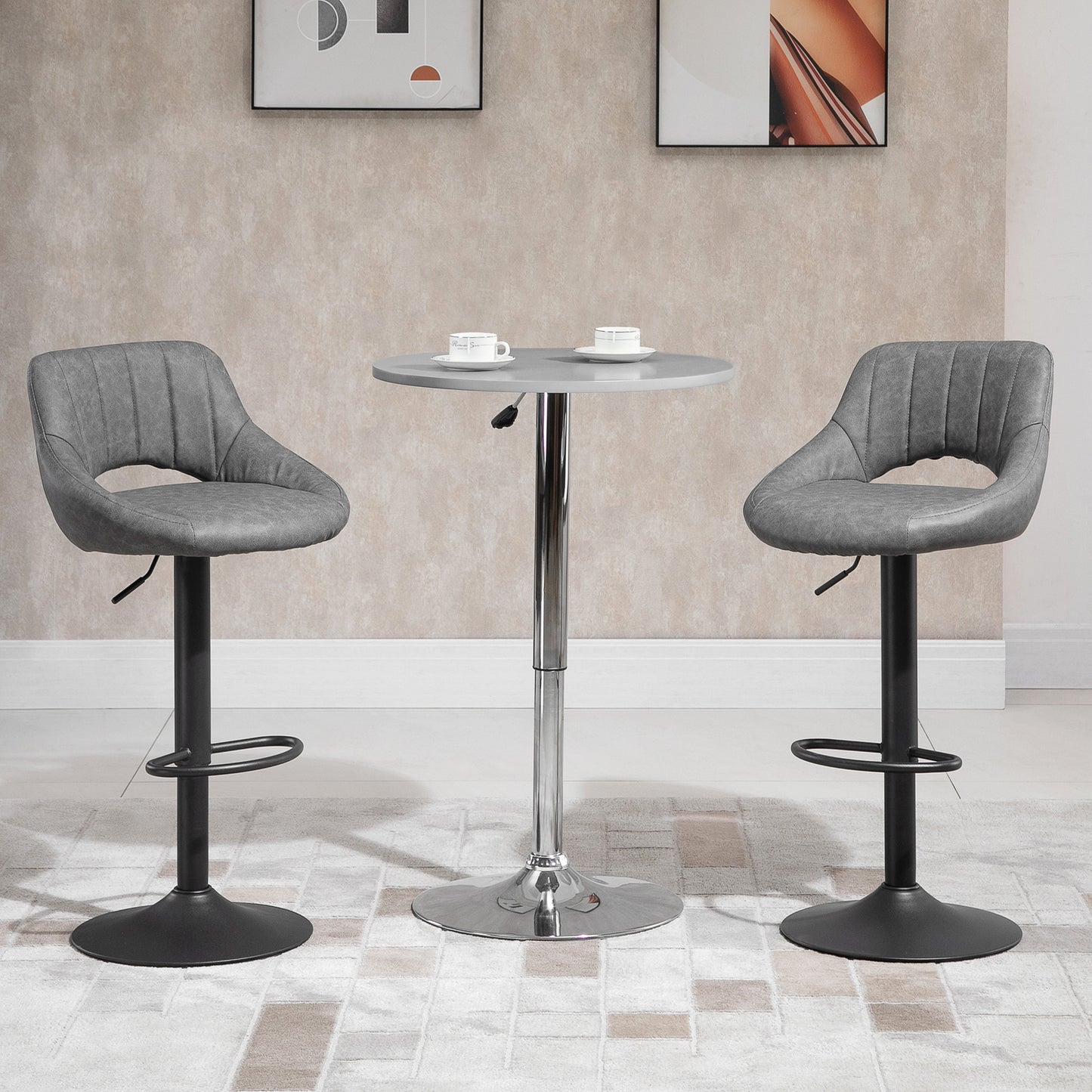 Adjustable Height Swivel Bar Stools with Faux Leather Upholstery, Grey (Set of 2)