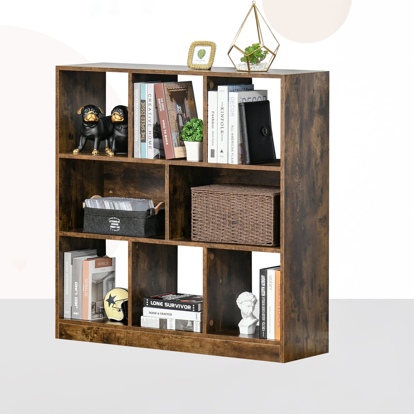 3-Tier Storage Bookcase with Staggered Dividers, Rustic Brown
