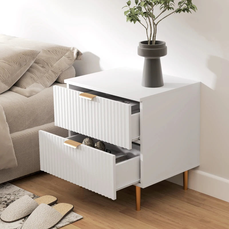 Modern Nightstand with Gold Finger Pulls and Fluted Drawers, White