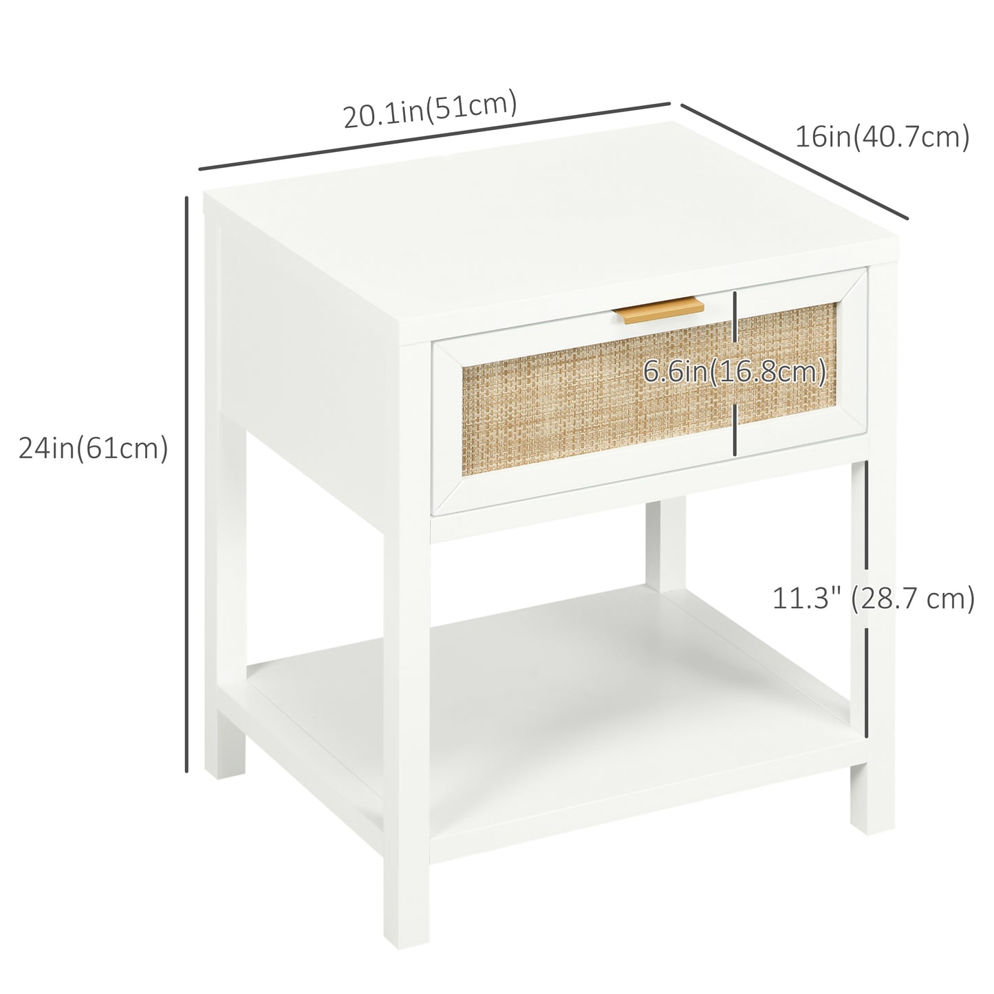 Boho Nightstand with Rattan Drawer and Open Shelf, White