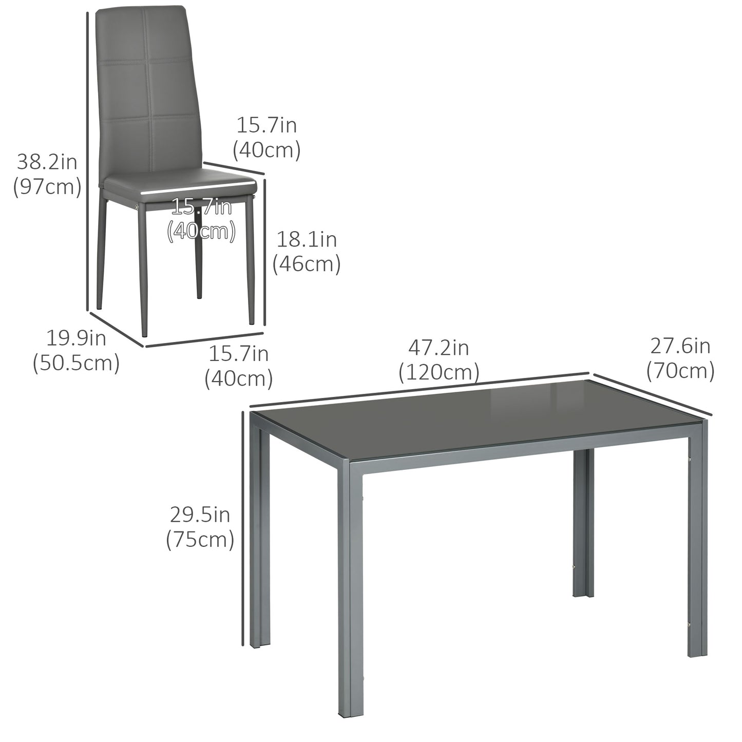 5-Piece Grey Glass Dining Table Set with Faux Leather Chairs