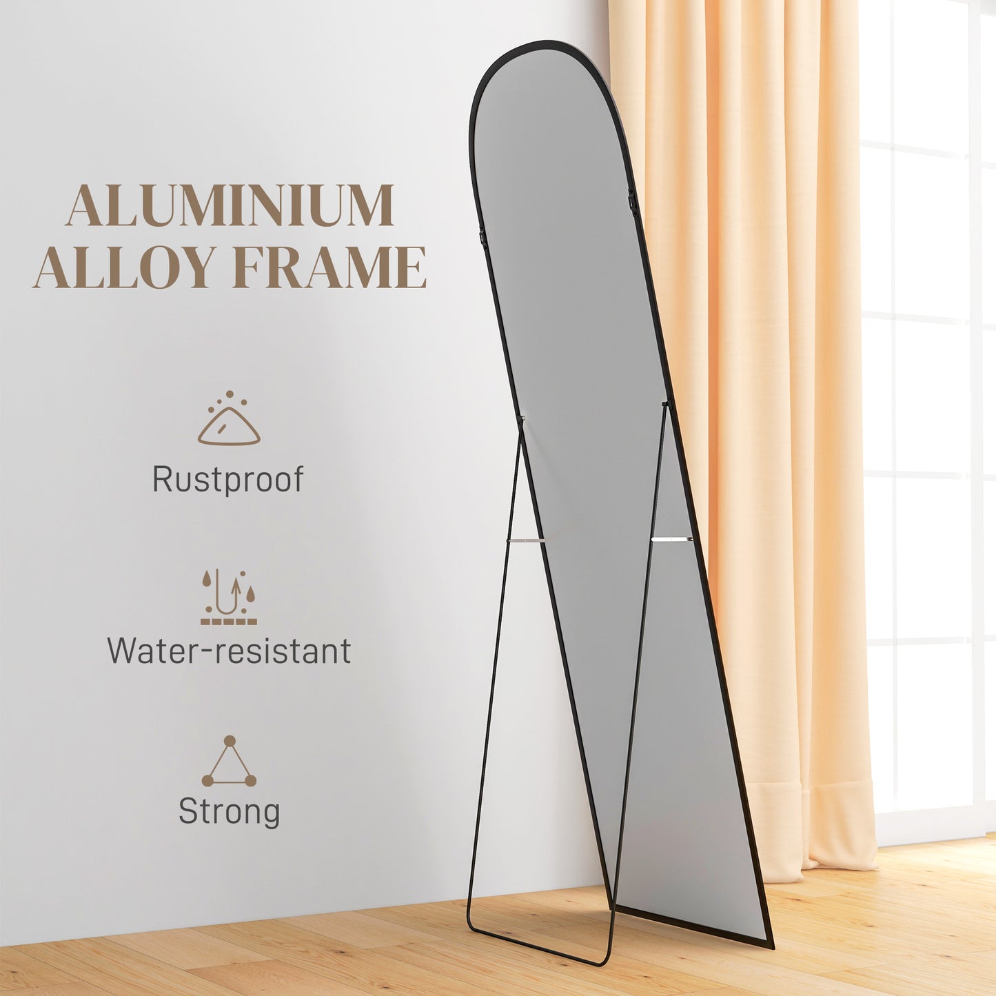 Arched Full Length Mirror with Black Frame, 64" x 20", Versatile Standing or Wall Mount