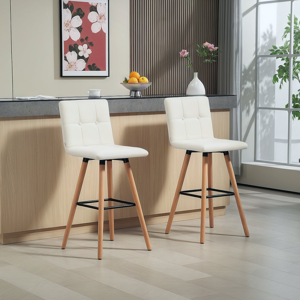 Kitchen Island Bar Stools with Upholstered Seat and Wood Legs, White (Set of 2)