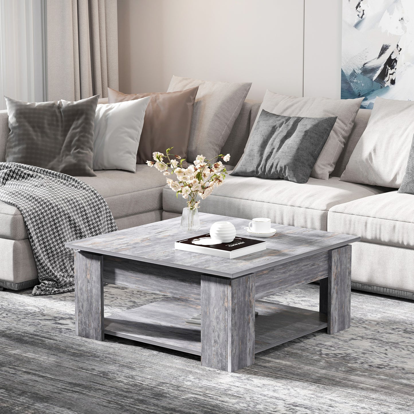 Modern Square Coffee Table with Storage Shelf - Grey