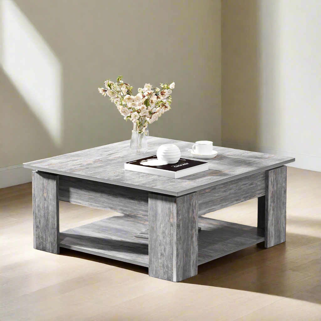 Modern Square Coffee Table with Storage Shelf - Grey