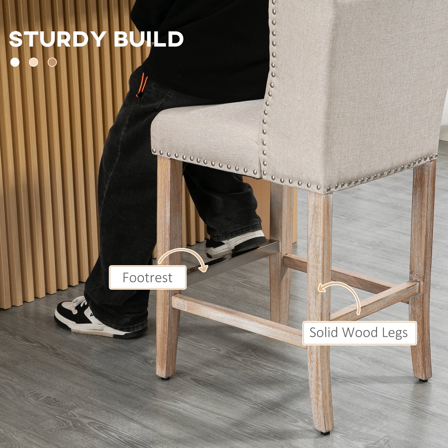 Upholstered Bar Stools with Tufted Nailhead Trim and Wood Legs, Beige (Set of 2)
