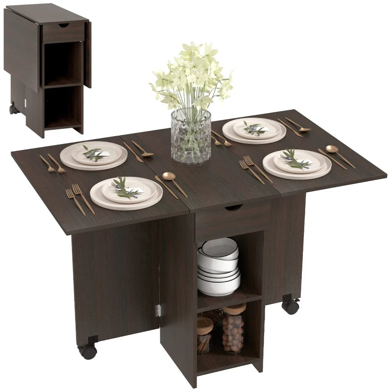 Folding Dining Table with Drawer and Storage Shelves - Dark Brown