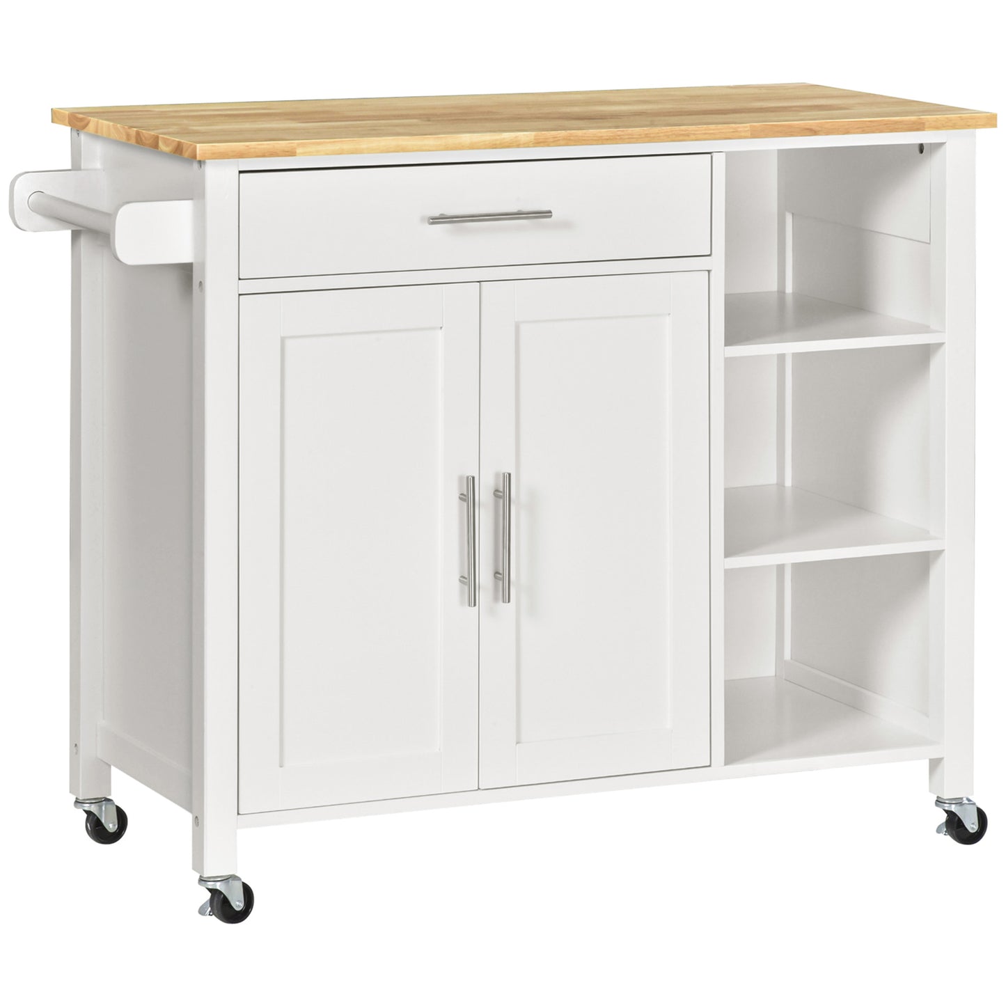 Wooden Rolling Kitchen Island with 360° Swivel Wheels, Drawer and Towel Rack, White