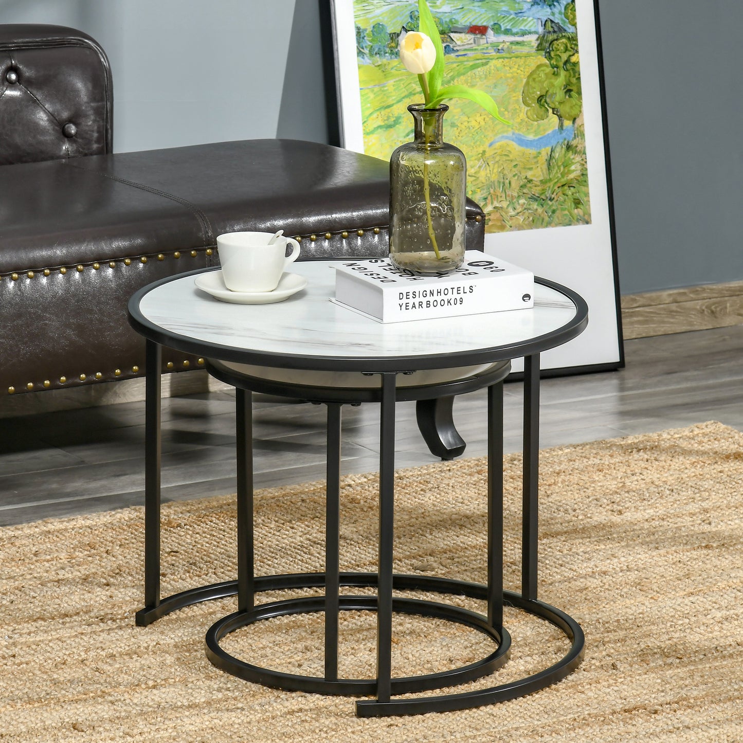 White Round Nesting Coffee Tables with Faux Marble Top