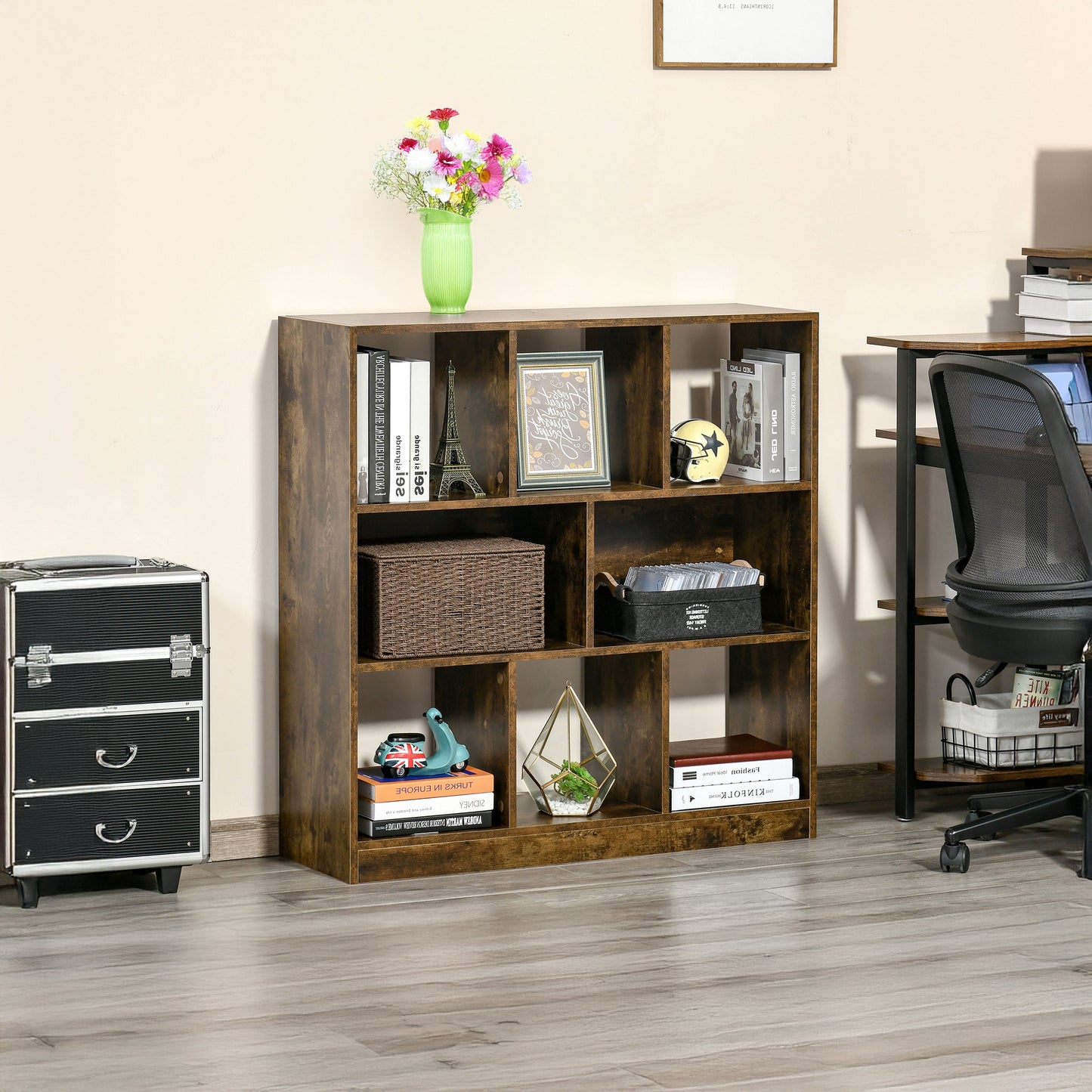 3-Tier Storage Bookcase with Staggered Dividers, Rustic Brown