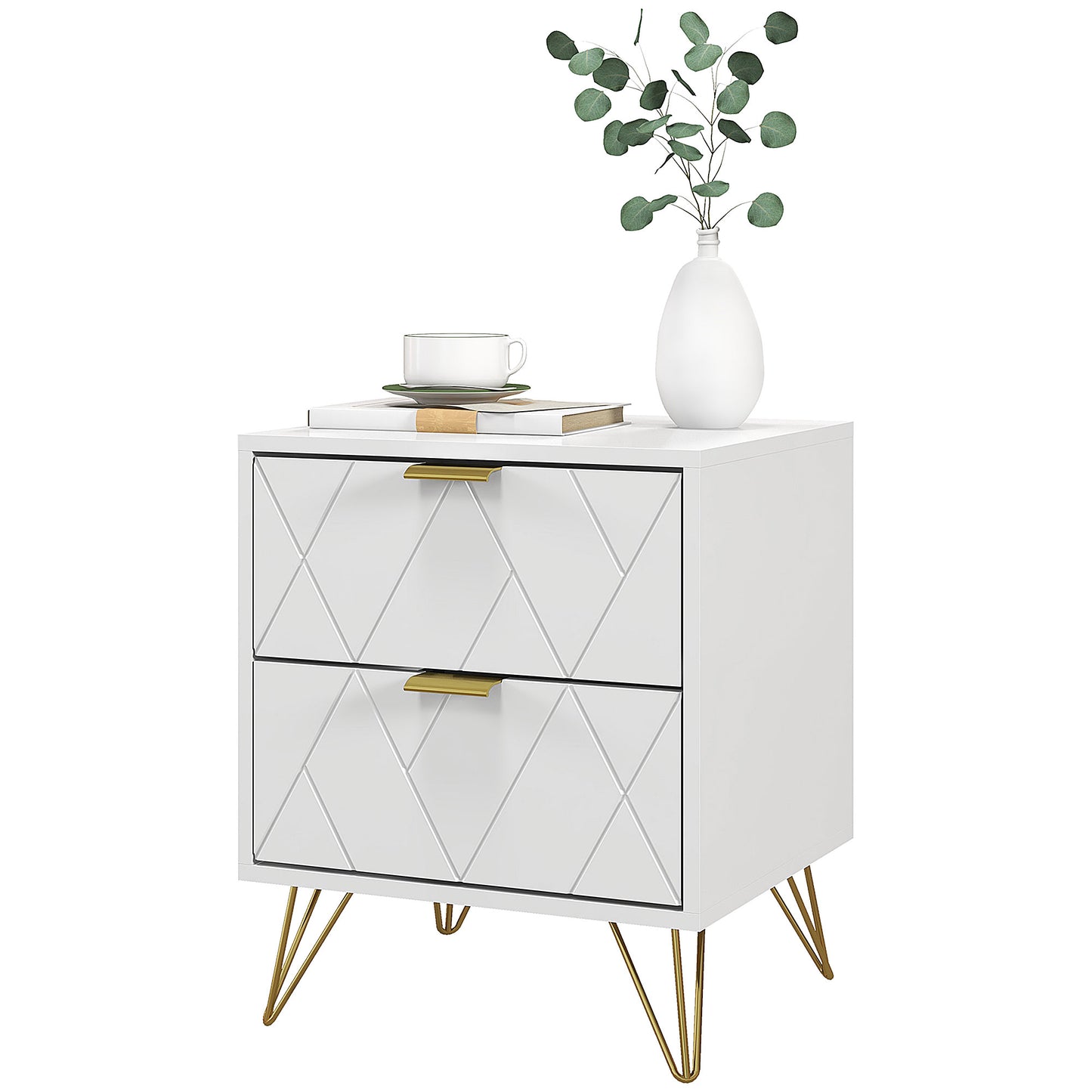 Modern Bedside Table with Gold Hairpin Legs and 2 Drawers, White