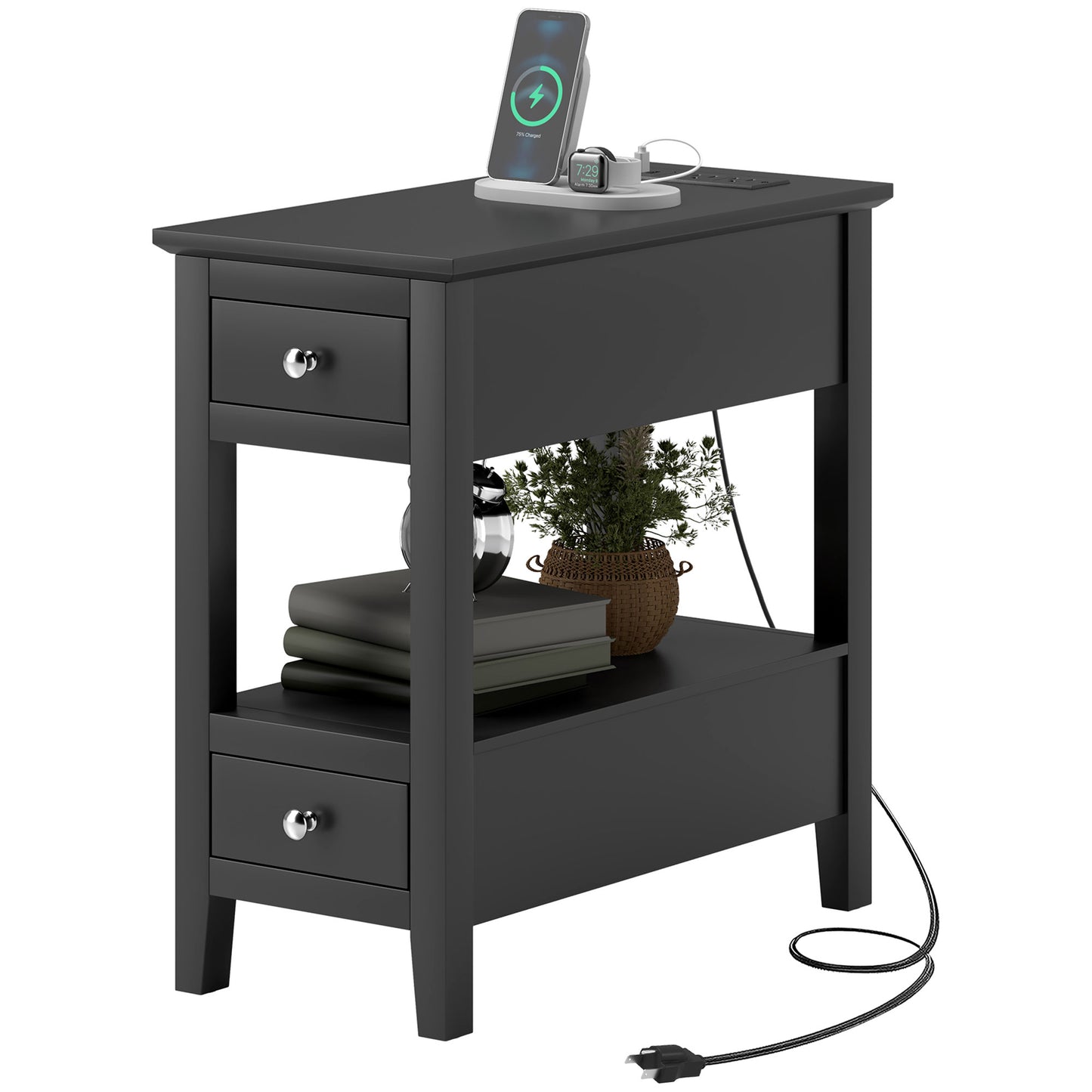 Narrow Side Table with Built-in Charging Station and USB Ports, Black