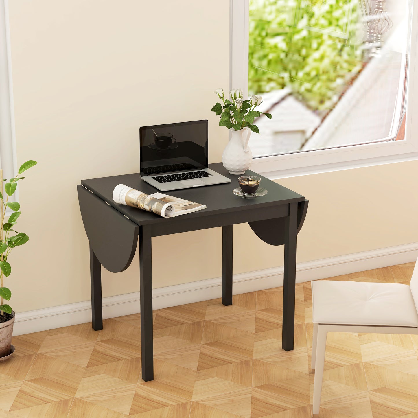 Solid Wood Drop Leaf Dining Table for Small Spaces - Black