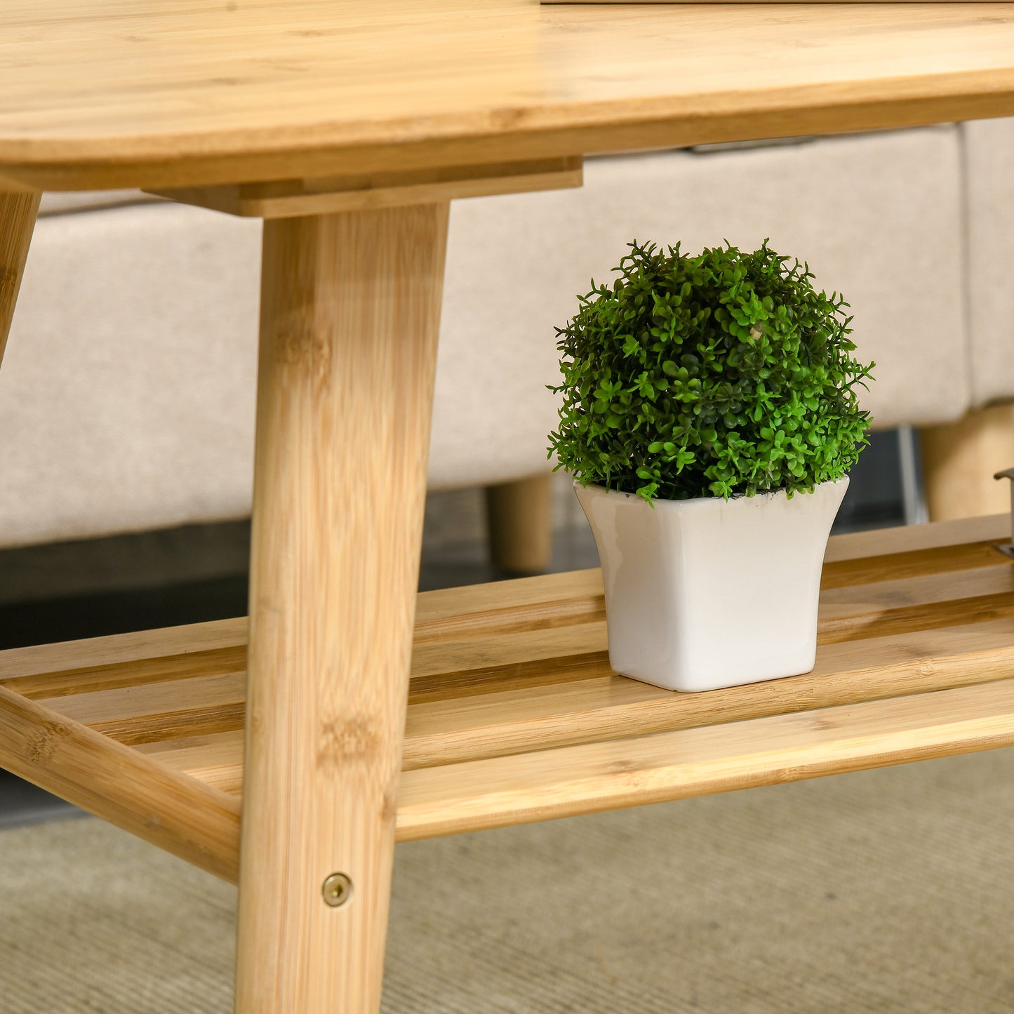 2-Tier Bamboo Coffee Table with Storage Shelf, Natural