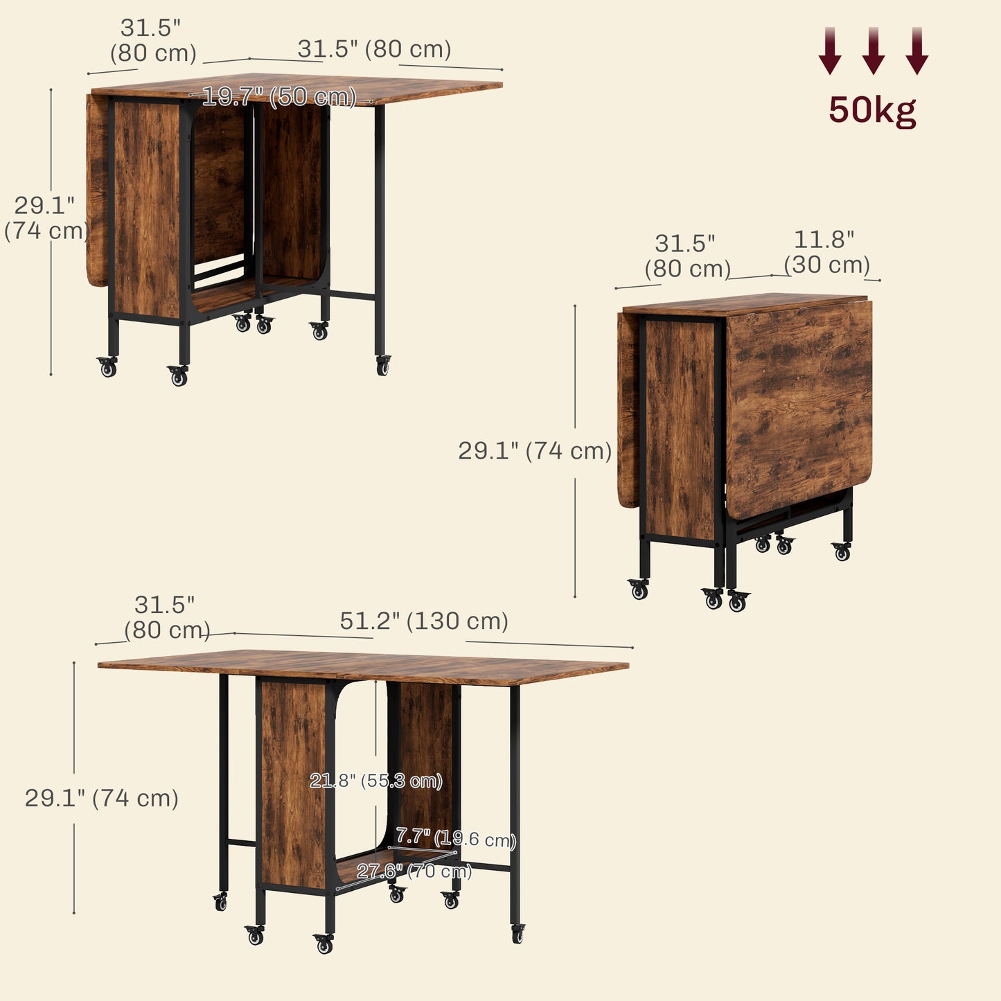 Folding Dining Table with Storage Shelf and 6 Wheels - Rustic Brown