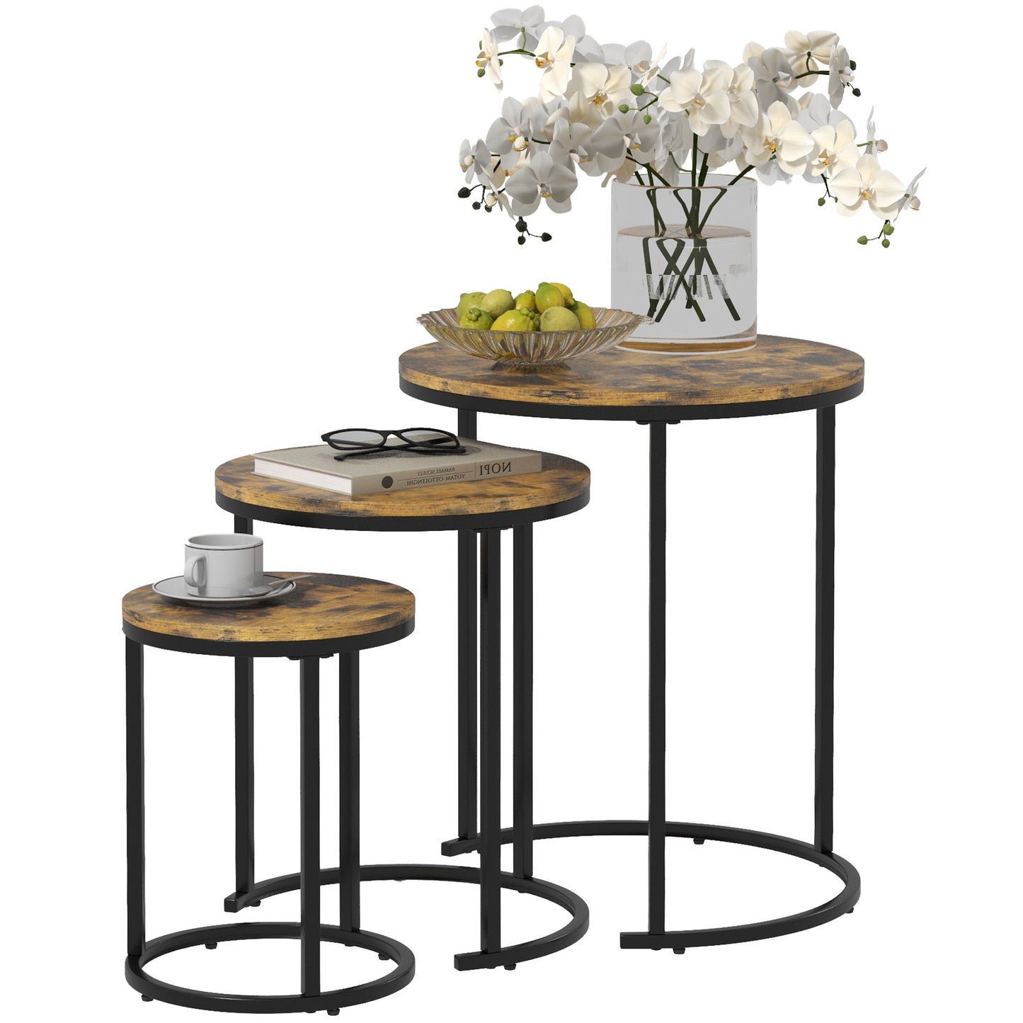 Round Nesting Coffee Table Set of 3 with Steel Frame - Rustic Brown