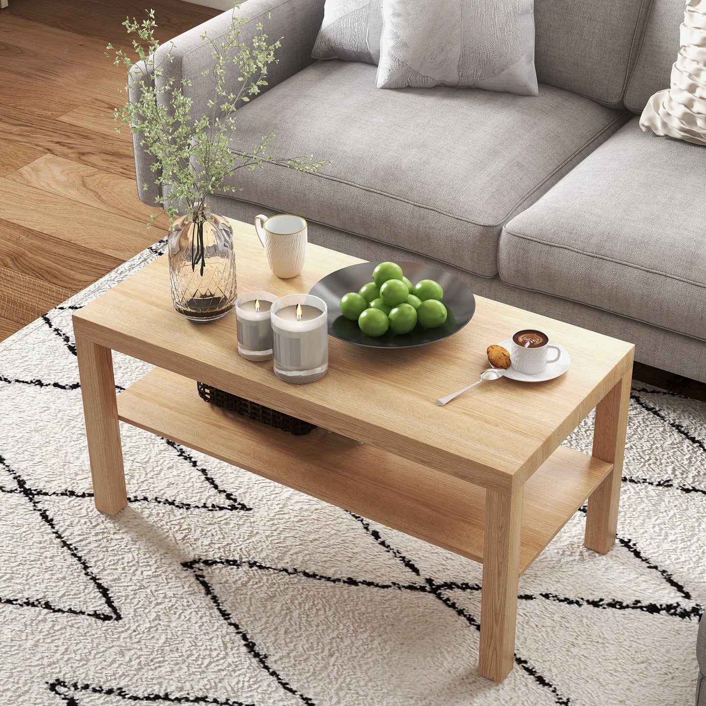 Rectangular Coffee Table with Storage Shelf - Natural Wood