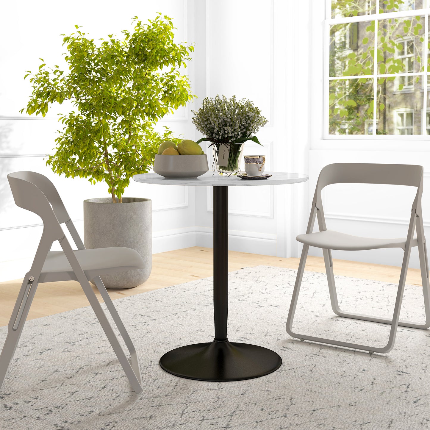 Round Dining Table with Steel Pedestal Base - White Marble