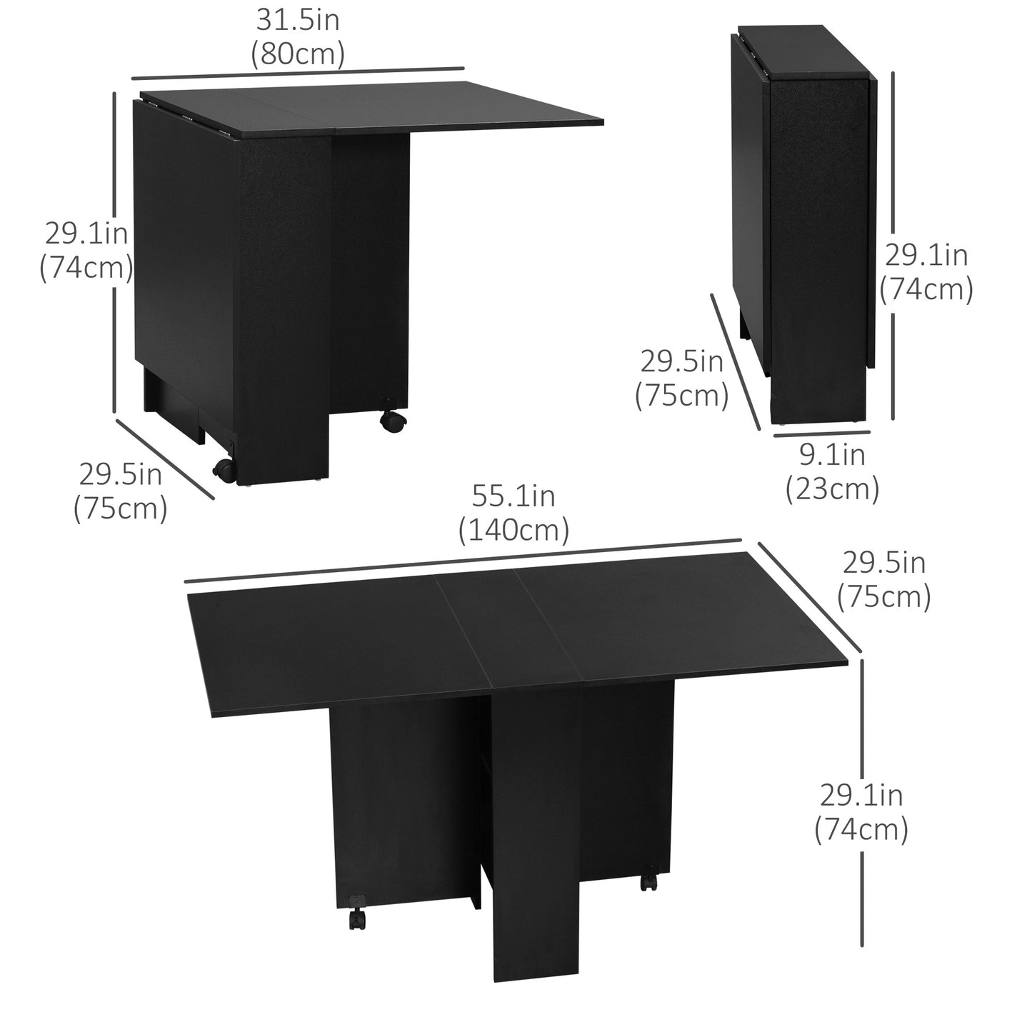 Extendable Dining Table with Storage Shelves and Rolling Wheels - Black