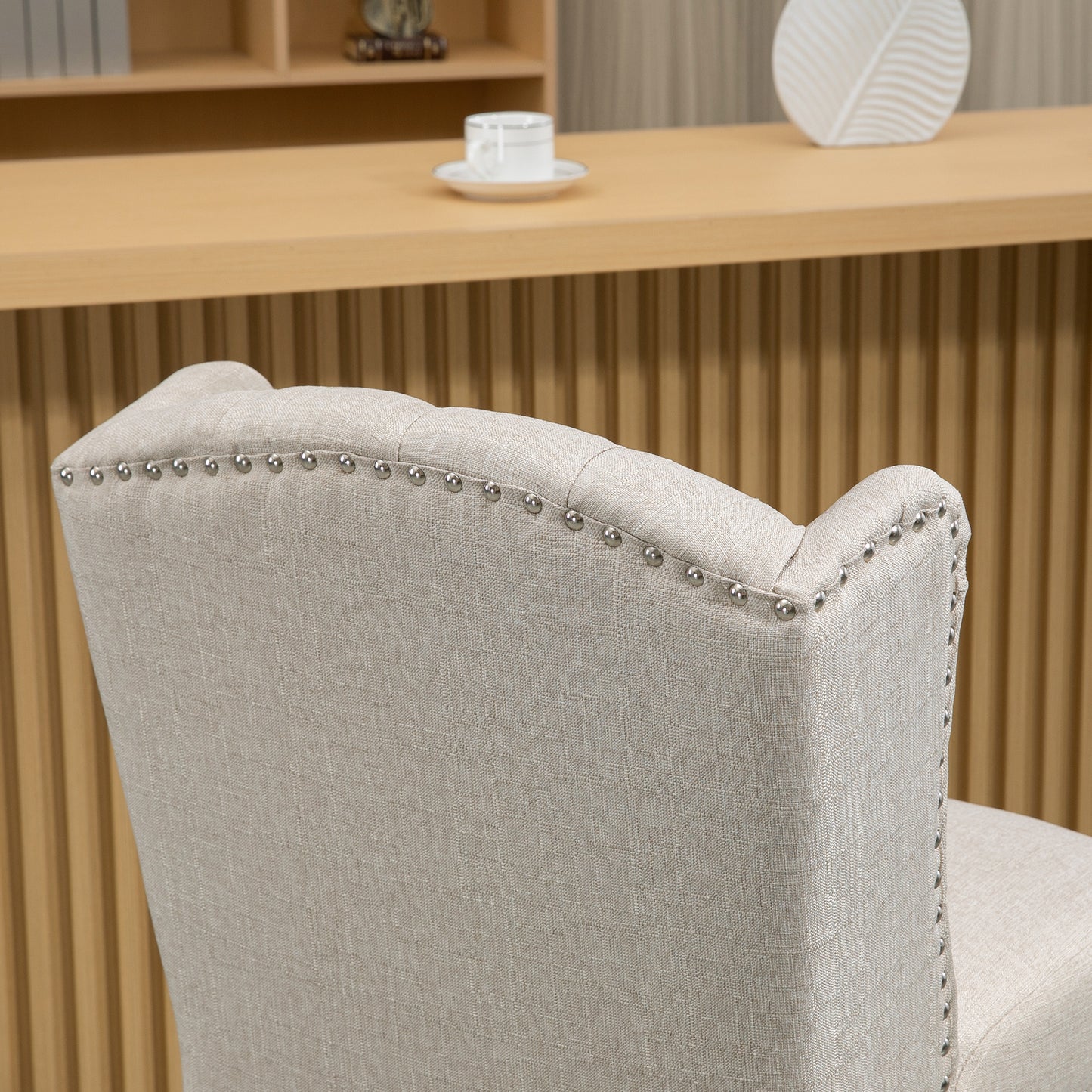 Upholstered Bar Stools with Tufted Nailhead Trim and Wood Legs, Beige (Set of 2)