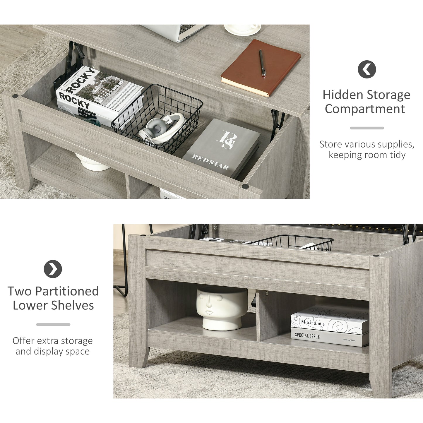 Lift Top Coffee Table with Hidden Storage, Light Gray