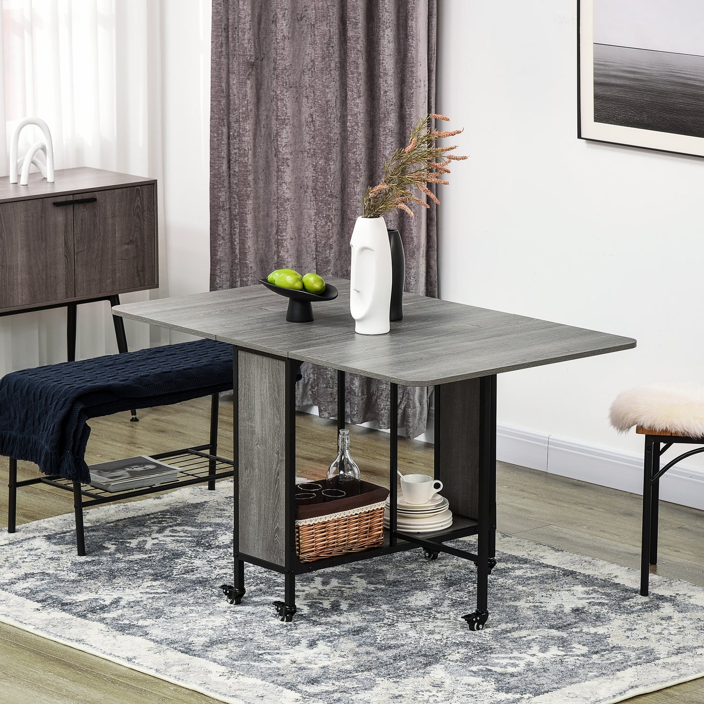 Folding Dining Table with Storage Shelf and 6 Wheels - Distressed Gray