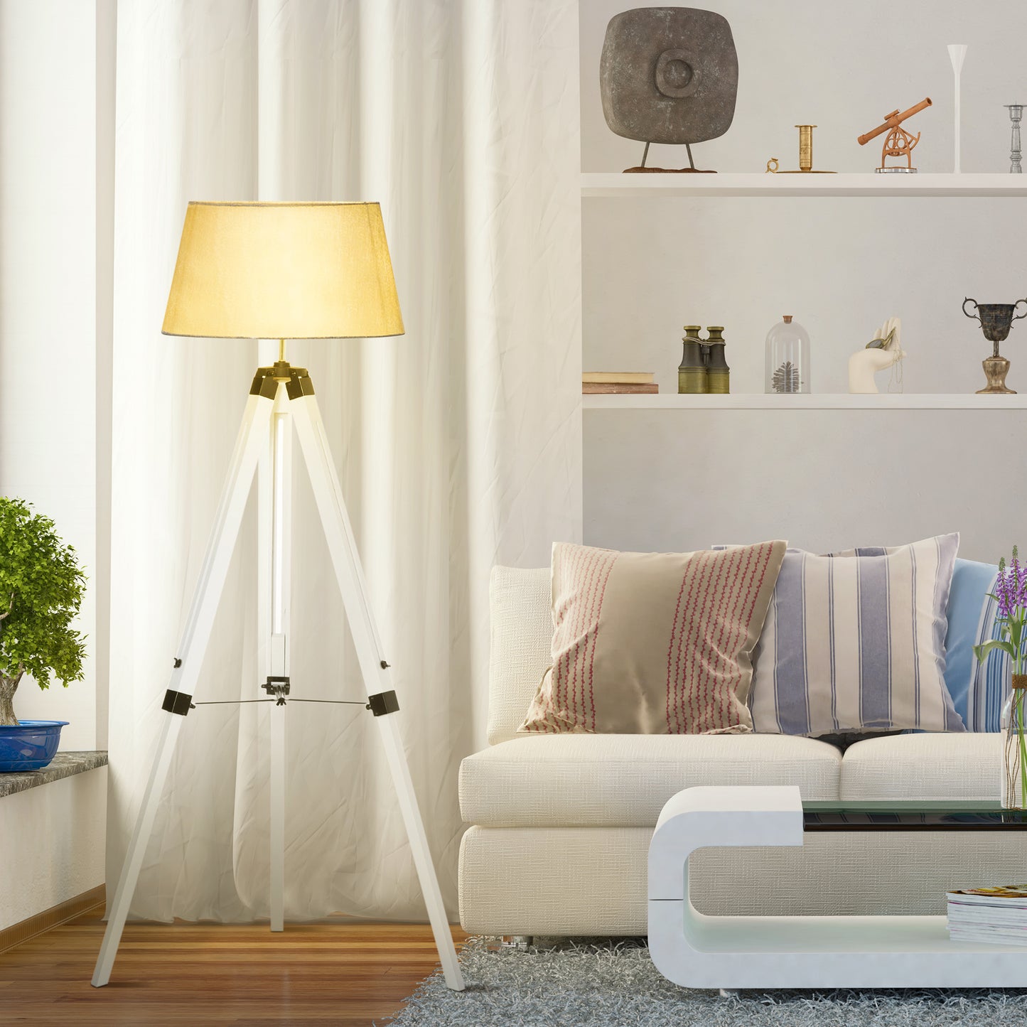 Adjustable Wooden Tripod Floor Lamp - White & Grey