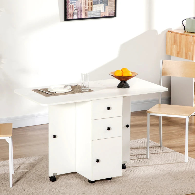 Rolling Dining Table with Storage Drawers and Cabinet - White