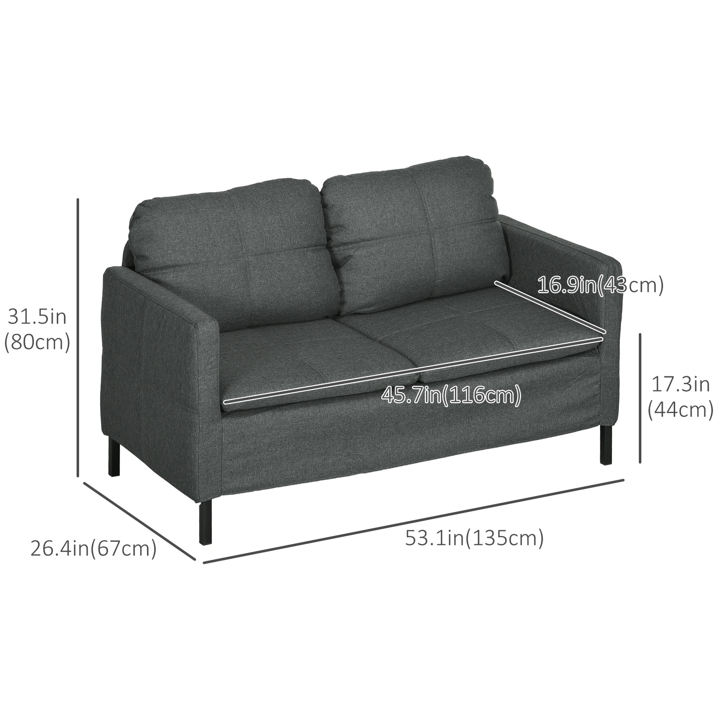 Dark Grey 53" 2-Seat Upholstered Sofa with Steel Legs