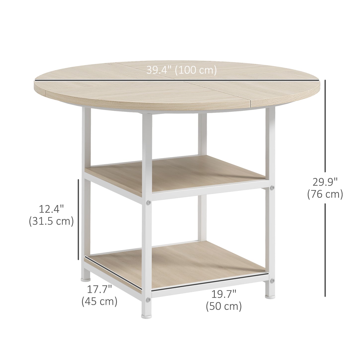 39" Round Industrial Dining Table with Storage Shelves for 4-6 People, Oak
