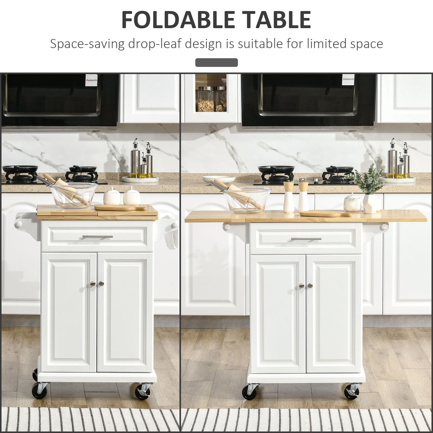 Kitchen Island Cart with Extended Counter, Drawer Cabinet and Towel Racks, White