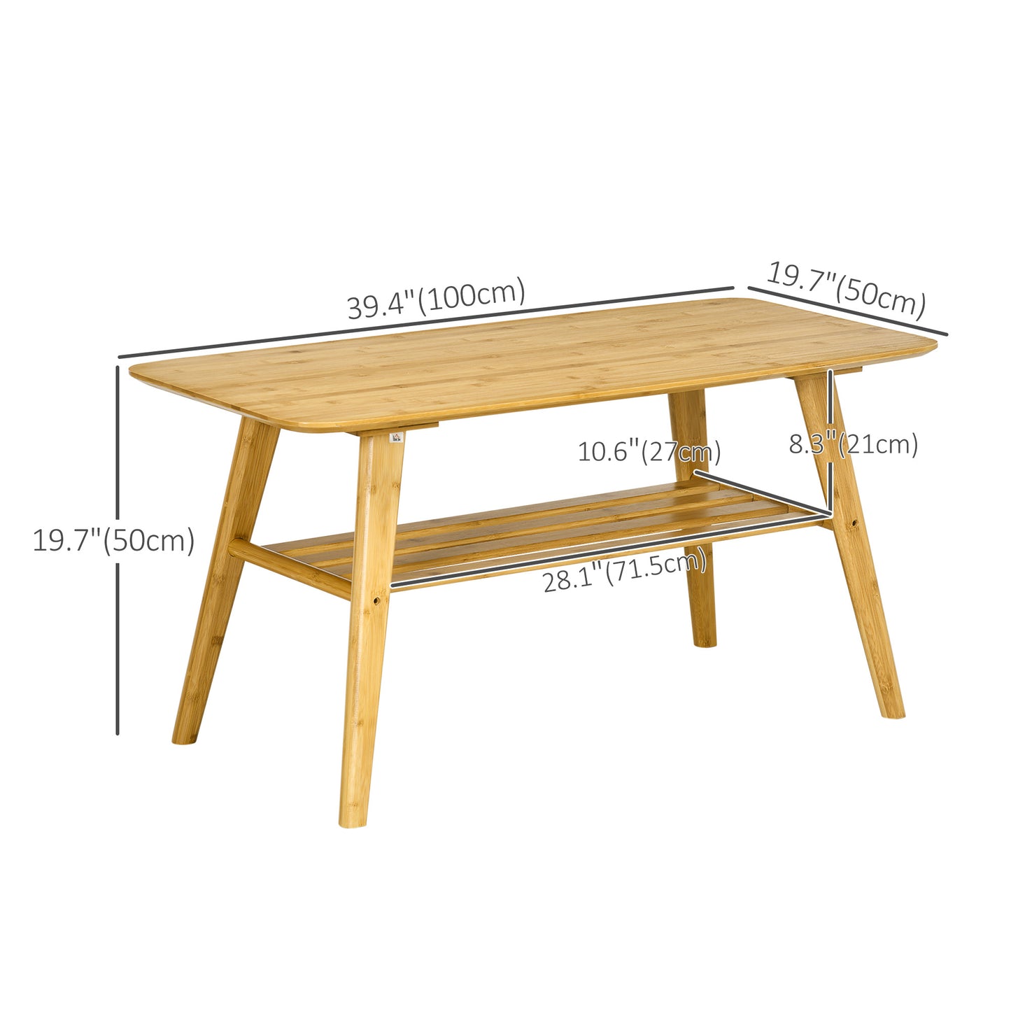 2-Tier Bamboo Coffee Table with Storage Shelf, Natural