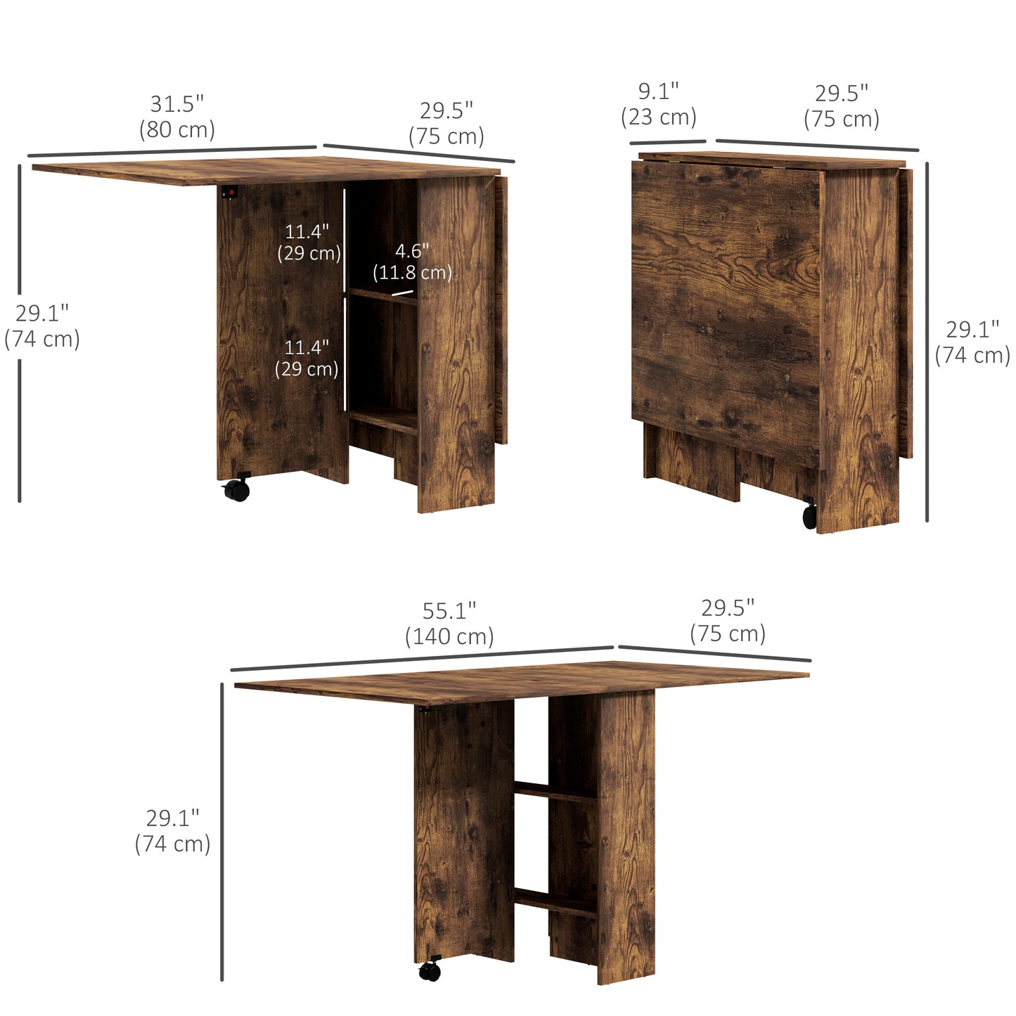 Rustic Brown Extendable Dining Table with Shelves and Wheels
