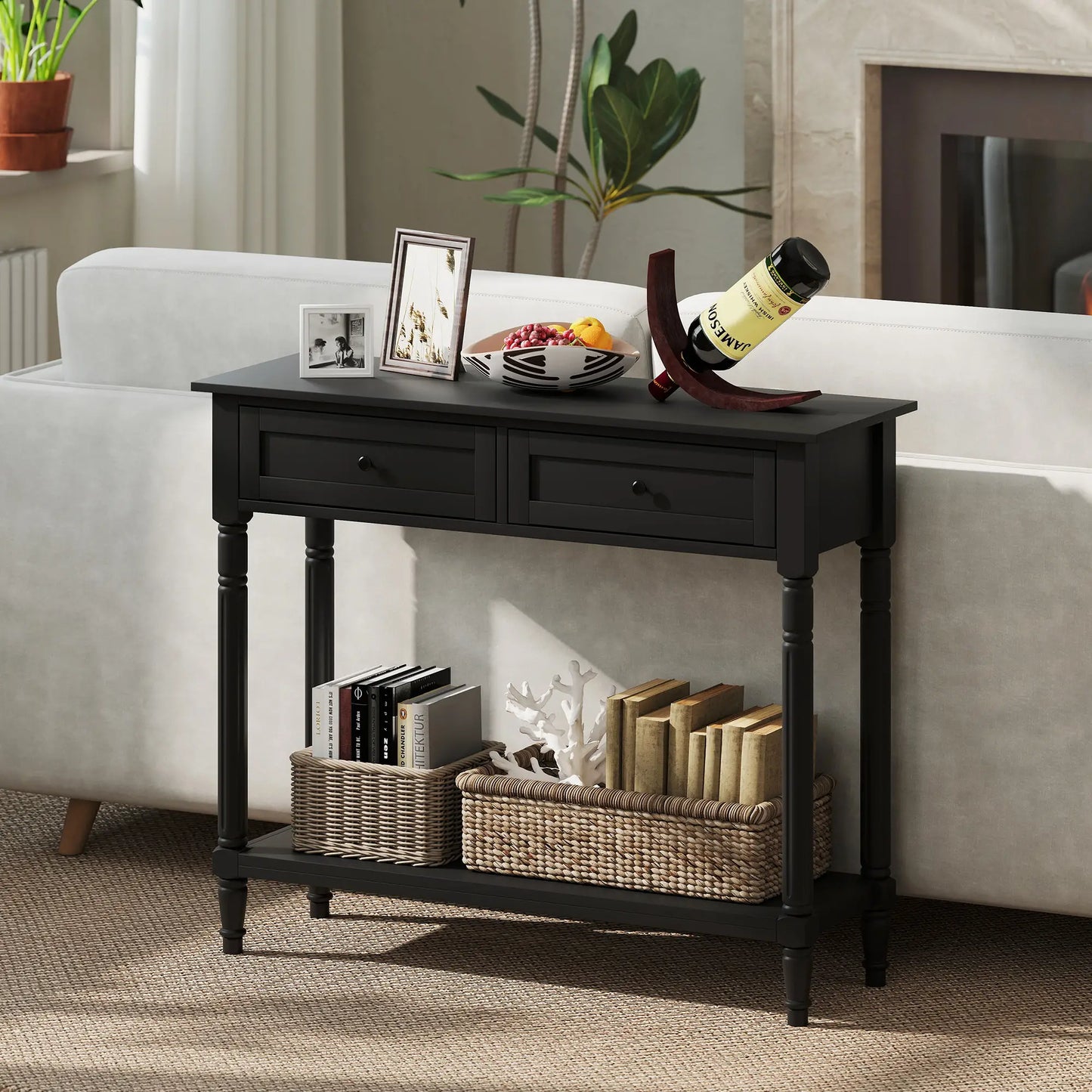 36" Console Table with Classic Turned Legs and Storage, Black