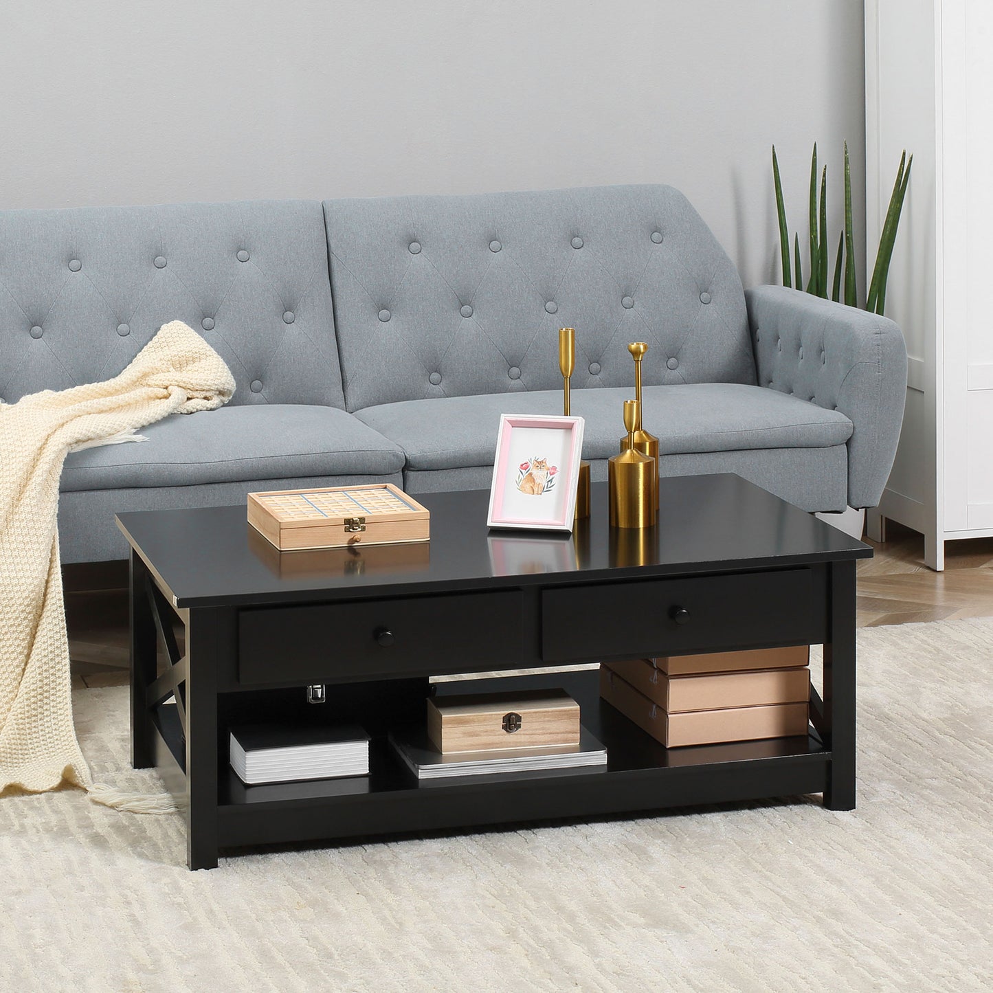 Farmhouse Coffee Table with Drawers and X-Frame, Black