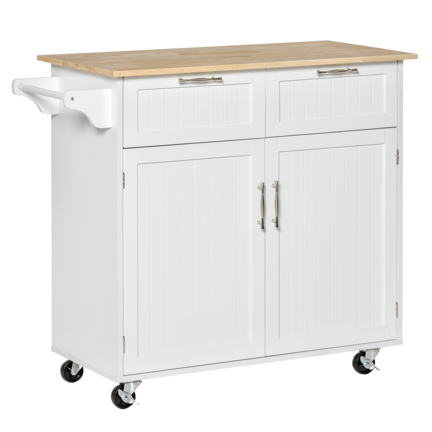 Rolling Kitchen Island Cart with Rubber Wood Top and Storage Drawers, White