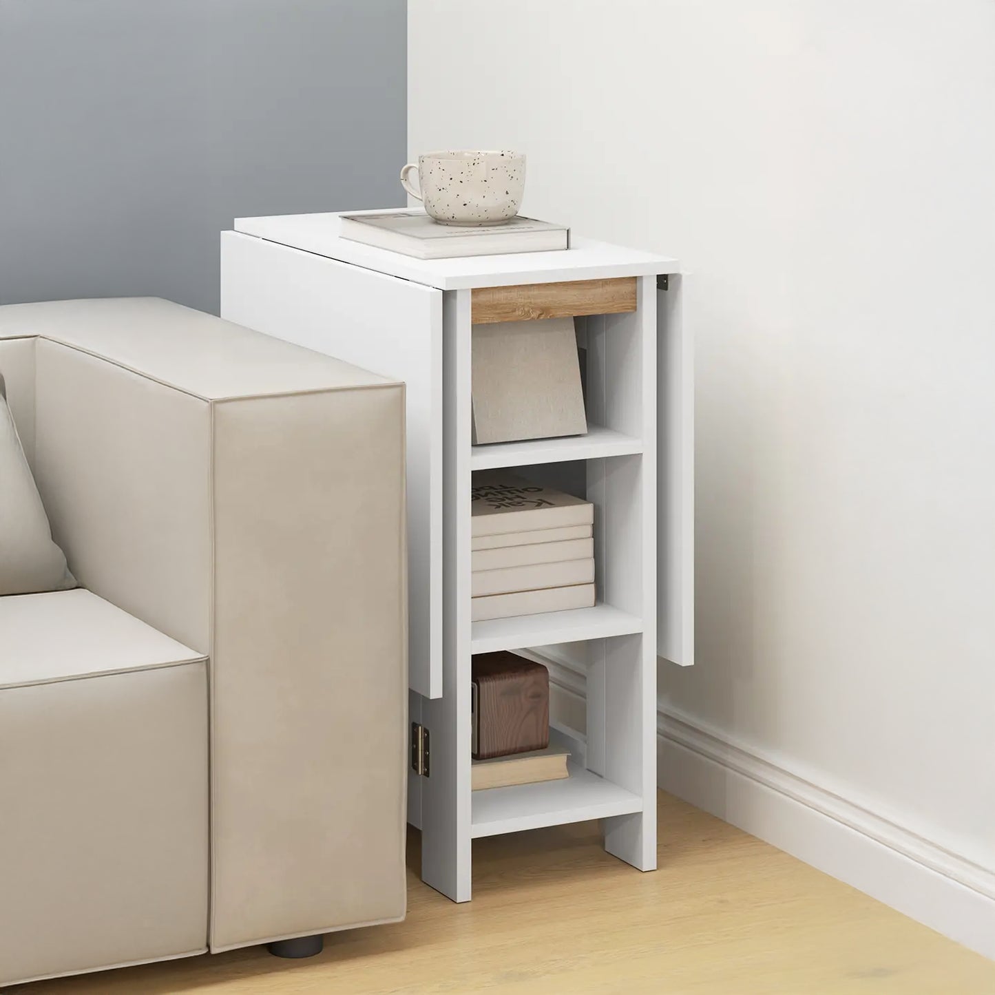 Folding Dining Table with Built-In Storage Shelves - White