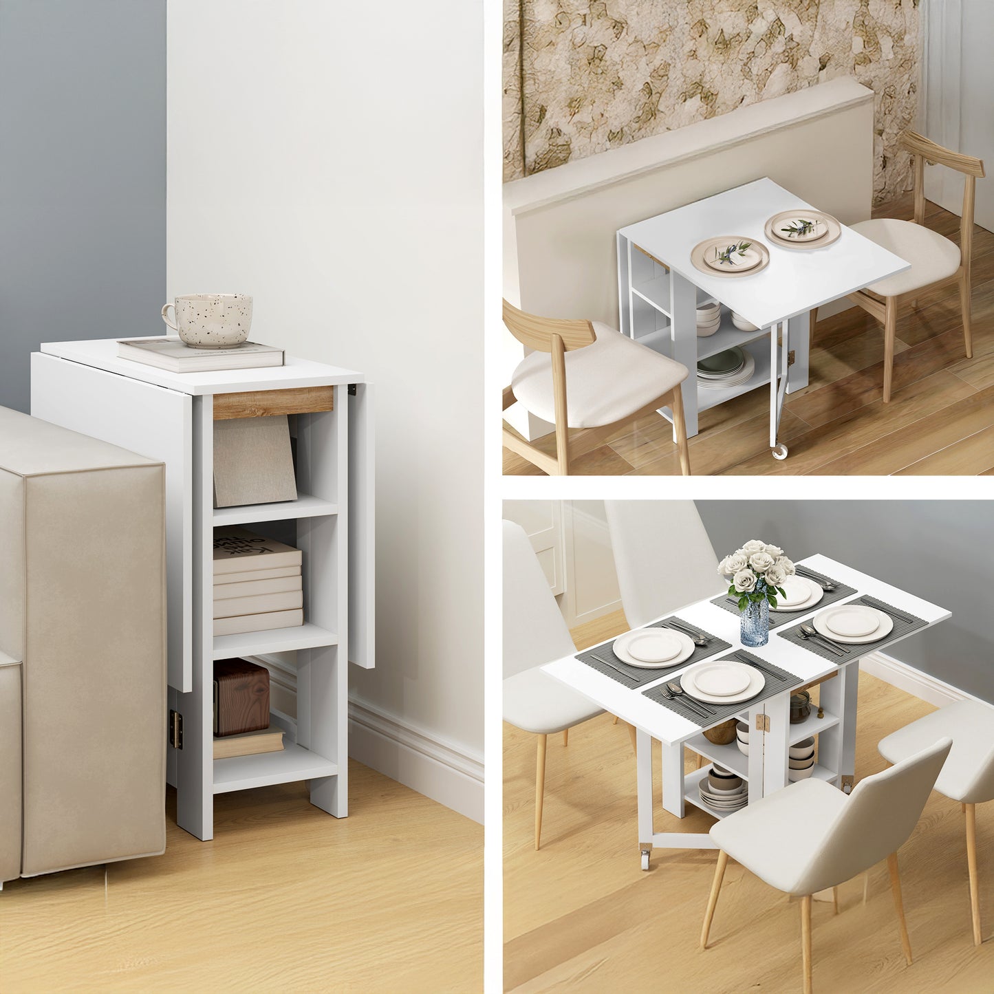 Folding Dining Table with Built-In Storage Shelves - White