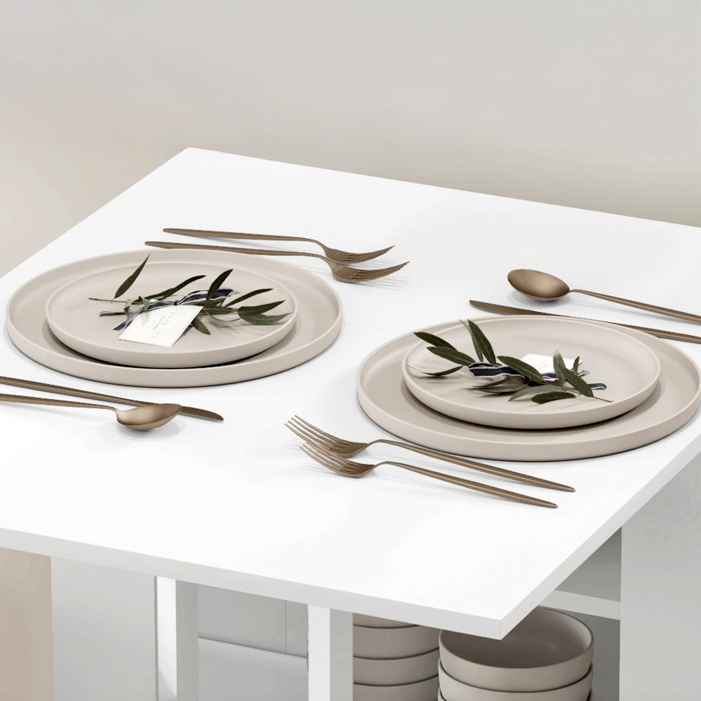 Folding Dining Table with Built-In Storage Shelves - White