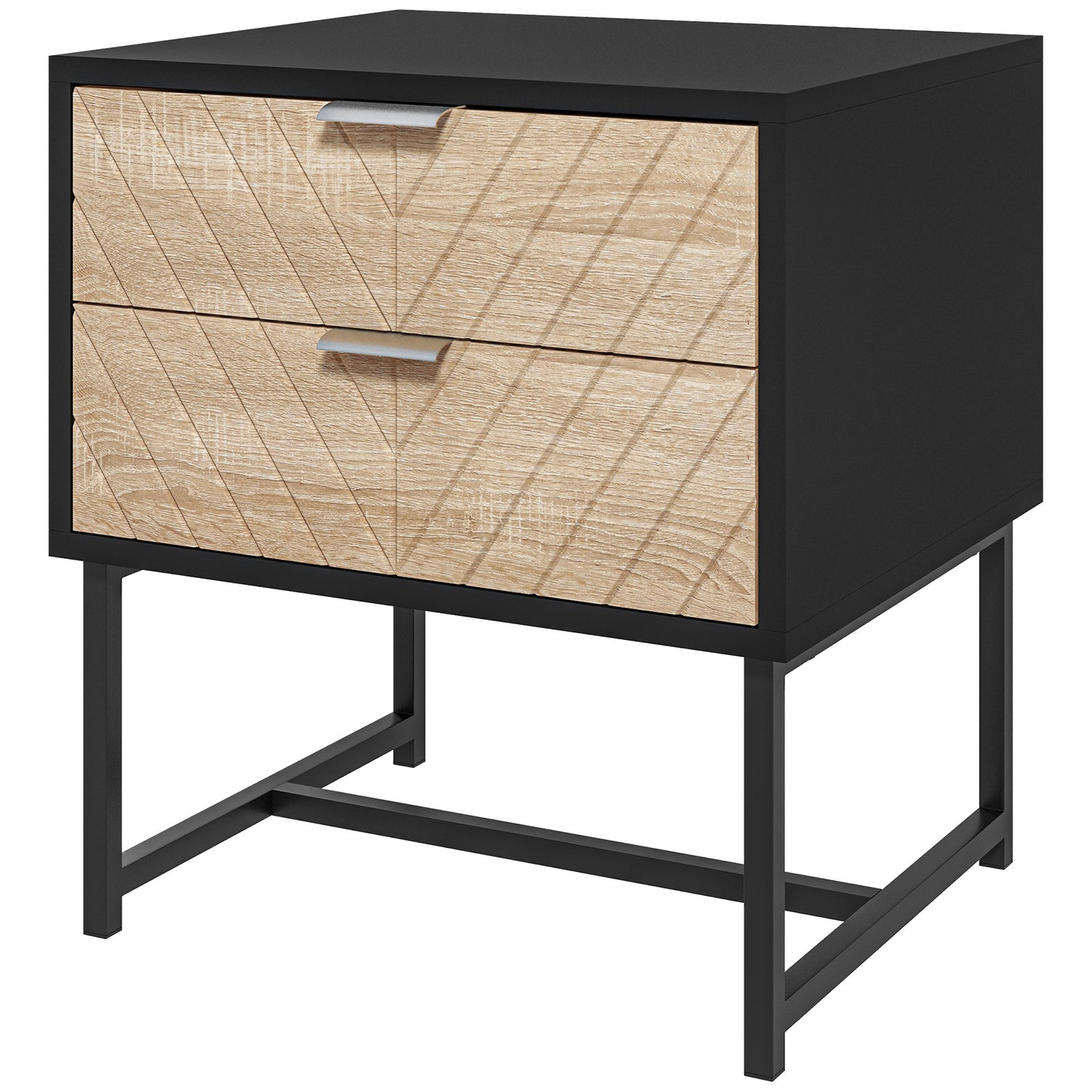 Modern Herringbone Nightstand with Steel Frame, Black and Oak