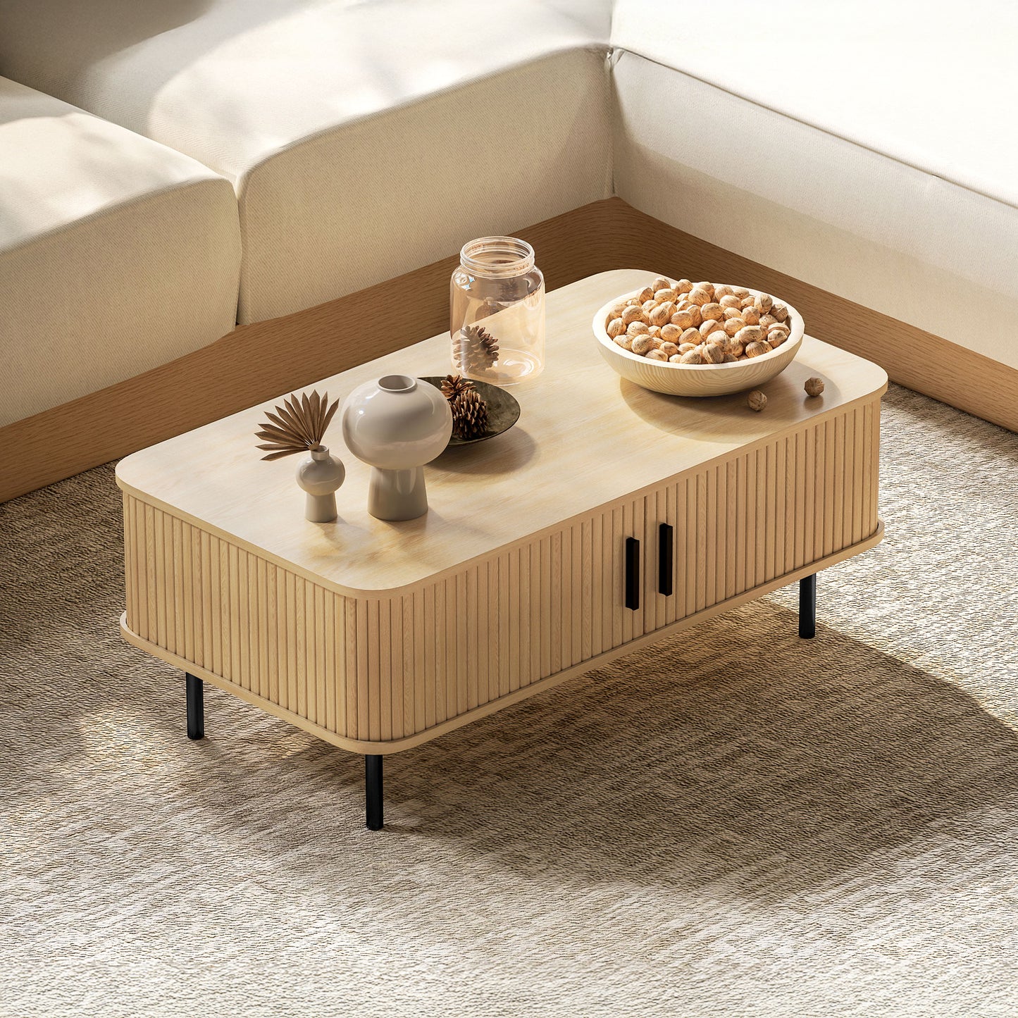 Nordic Coffee Table with Sliding Tambour Doors, Oak