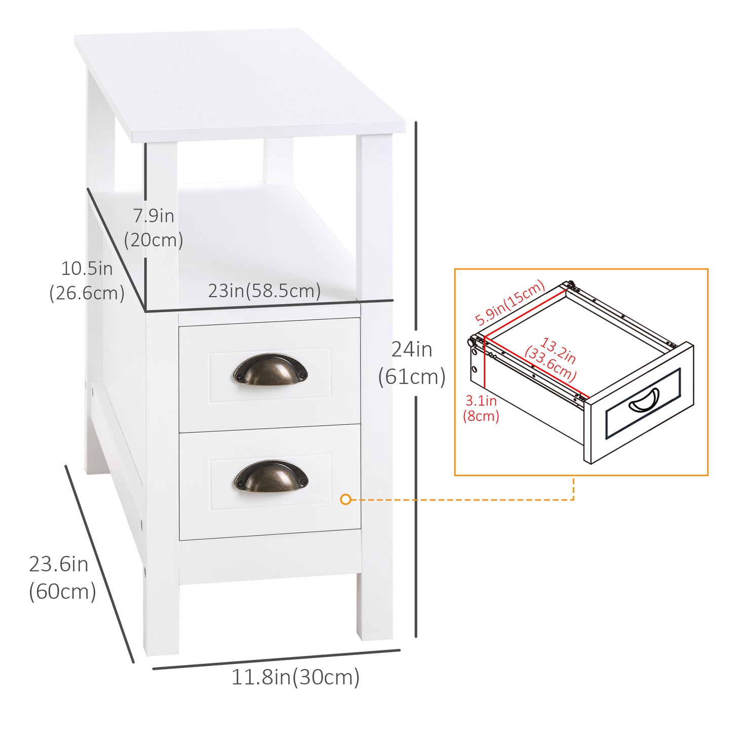 White Slim End Table with Drawers for Compact Spaces