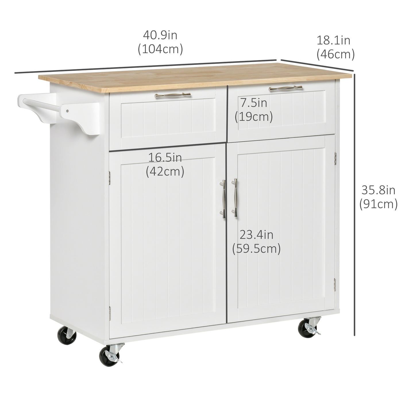 Rolling Kitchen Island Cart with Rubber Wood Top and Storage Drawers, White