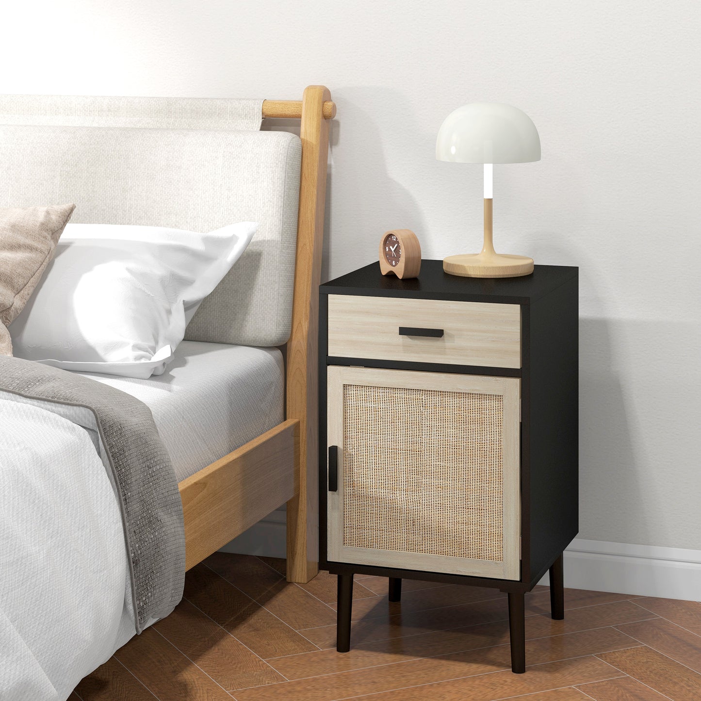Boho Nightstands with Rattan Cabinet and Adjustable Shelf, Black (Set of 2)