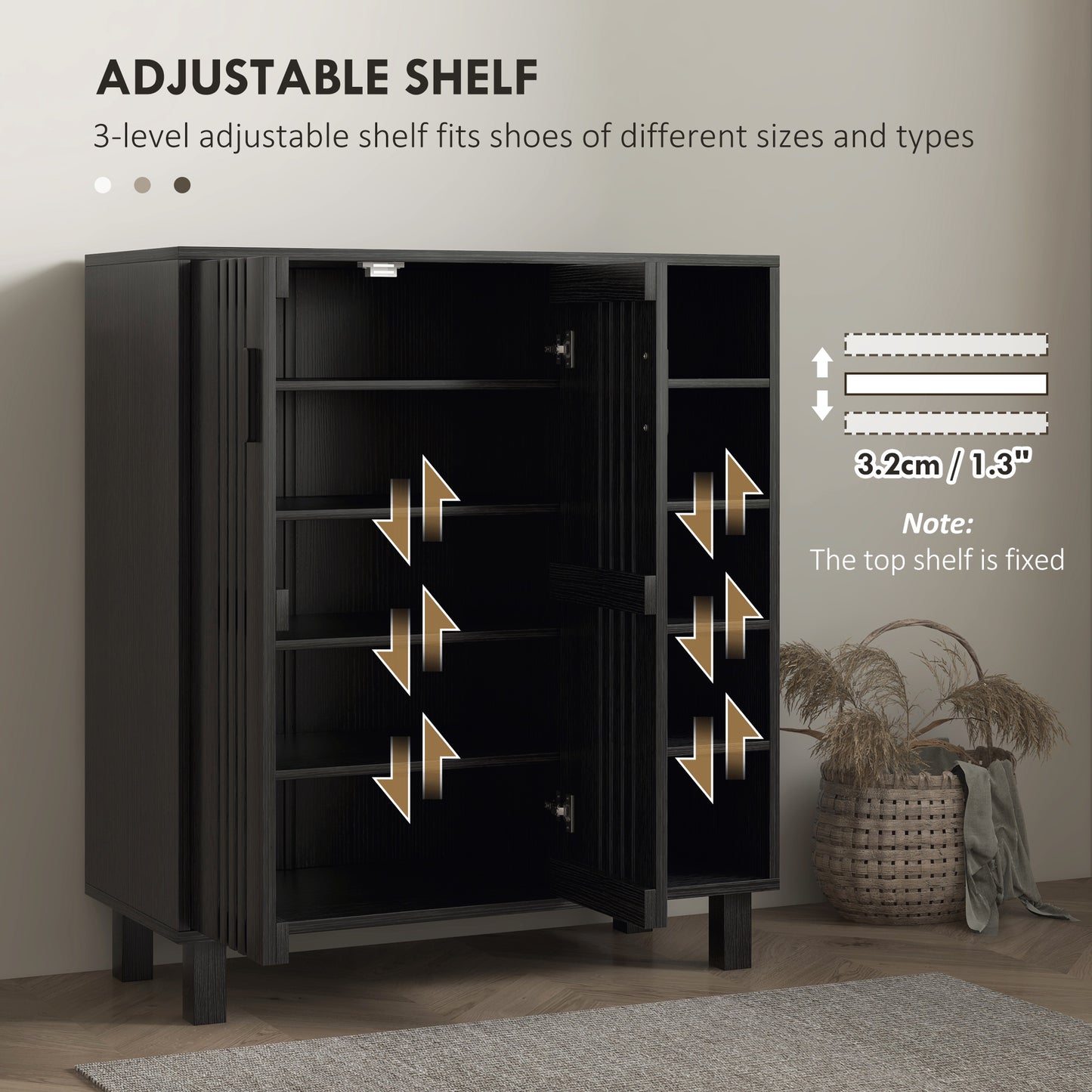 17 Pair Shoe Storage Cabinet with Double Doors and Open Shelves, Black