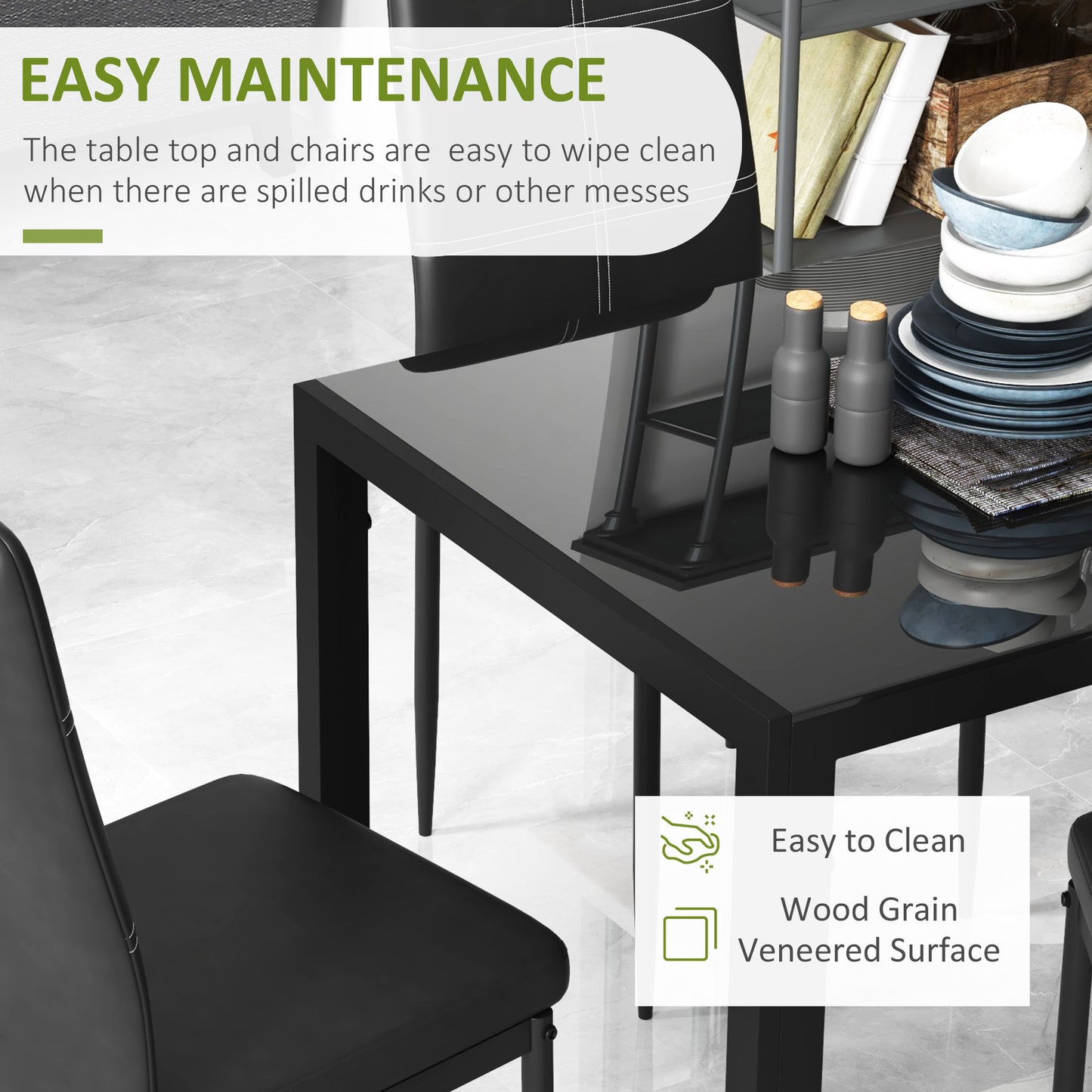 5-Piece Black Glass Dining Table Set with Faux Leather Chairs